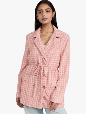 Free people Olivia gingham Plaid Tie Belt Double Breasted blazer Pink Small
